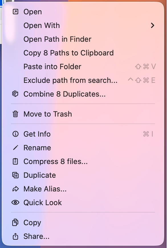 Right-click options panel in Simply Search